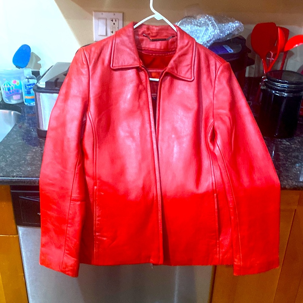 Red Thick Leather Jacket, Size Large in good condition